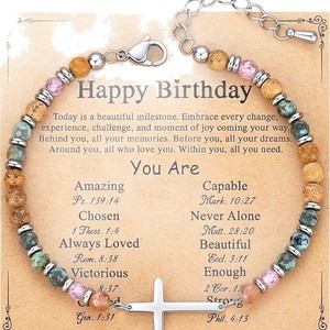 Bracciale alla Moda in Acciaio Inossidabile Placcato Argento con Ciondolo a Croce e Perline in Pietra Naturale, Regalo di Anniversario per Madre e Nonna - Product Image 5