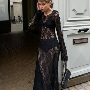 Produttore alla moda a maniche lunghe a <span class=keywords><strong>maglia</strong></span> Maxi abito trasparente da donna abiti Sexy <span class=keywords><strong>in</strong></span> pizzo <span class=keywords><strong>nero</strong></span> - Product Image 2