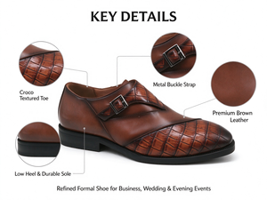 <b>Men</b> Brown Croco Textured <b>Monk</b> Strap Dress <b>Shoes</b> Premium Leather Buckle Formal Business Wedding Low Heel Footwear - Product Image 2