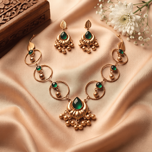 Antique Gold Plated Emerald Green Gemstone Circular Motif Imitation Necklace Perfect Pick for Festive Party Outfit Wear - Product Image 3