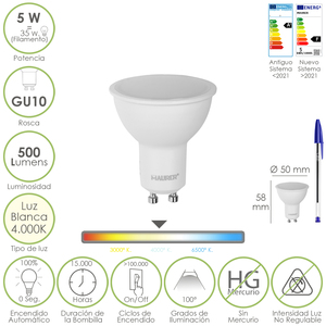 Lampadina LED Dicroica GU10 a Innesto 5 Watt. Equivalente a 35 Watt. 500 Lumen. Bianco Neutro 4000K - Product Image 1