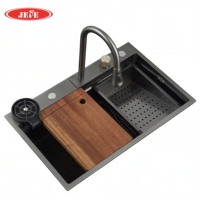 Évier de cuisine multifonctionnel en acier inoxydable noir à cuve unique, style cascade, avec robinet cascade et fonction pluie volante