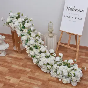 Alta qualidade seda falso baixo preço rosa flores corredores casamento linha decoração branco marfim flor guirlanda roxo mesa corredor