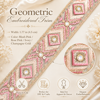 Ruban de broderie géométrique rose doré 4,5 cm de large avec sequins et strass pour robe, costume, bricolage, couture, artisanat, accessoire de décoration