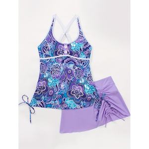 Maillot de bain deux pièces push-up violet personnalisé, taille haute, bretelles respirantes et confortables, avec imprimé floral - Product Image 1