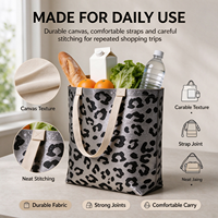 Sac fourre-tout en toile noir à imprimé léopard avec paillettes argentées, personnalisable, grande capacité, réutilisable, à bandoulière, idéal pour cadeau, vente en gros