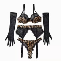 Ensemble de lingerie 3 pièces imprimé léopard avec soutien-gorge à armatures, porte-jarretelles et culotte en dentelle florale noire, grandes tailles pour femmes, vente en gros