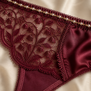 Ensemble de lingerie de luxe pour mariée, motif muguet bordeaux, soutien-gorge push-up en dentelle rouge vin et culotte taille haute en dentelle, avec stylo doré perlé - Product Image 6