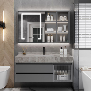 Mueble de <span class=keywords><strong>Baño</strong></span> <span class=keywords><strong>Moderno</strong></span> y Lujoso Lovein con Tiradores de Madera y Estantes de 3 Niveles, Lavabo Simple e Inteligente, Mueble con Luz - Product Image 1