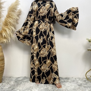 6528 #   Vestido de Satén de Dos Capas con Mangas Trompeta y Cuello Redondo, Estampado Diferente, Popular en Verano, Moda Musulmana Islámica Árabe para Mujer - Product Image 4