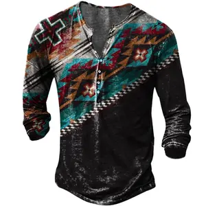 2024 Western Street Fashion Men'S Vintage Long Sleeve Pattern T-Shirt 3D Printing Custom Slim Sport Shirt