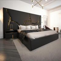Lit king size en cuir véritable de luxe haut de gamme, design italien moderne minimaliste, noir et or, avec finition craquelée, rembourré, design de créateur.