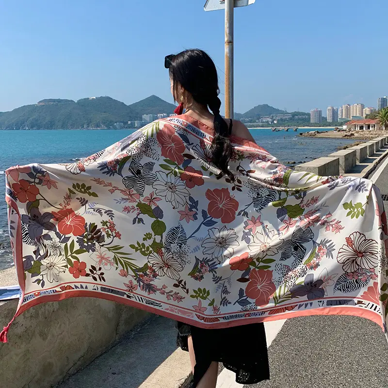 New fashion ethnic style travel Sun protection beach cover scarf for women long heavy twill cotton printed pink floral scarf