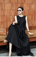 Robe longue plissée sans manches pour femme, style décontracté et élégant, coupe ample à volants, taille naturelle, ligne A