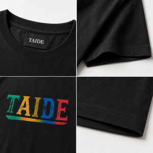 T-shirt en coton noir TaiDe avec logo personnalisé, imprimé multicolore effet vieilli, col rond, fabricant <span class=keywords><strong>de</strong></span> vêtements OEM ODM en gros - Product Image 2