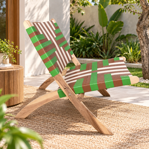 Silla de Jardín de Teca con Tejido a Rayas Verde y Marrón, Patas Cónicas, Muebles Plegables para Exteriores, Diseño Contemporáneo - Product Image 1