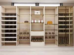 Vestidor de Lujo con Puerta de Vidrio con Iluminación Lineal, Colores Cálidos y Amplio Almacenamiento, Estilo de Madera de Melamina Independiente de Alta Calidad - Product Image 5