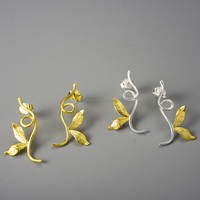 Lotus Fun 18K plaqué or 925 argent Sterling fait à la main branches incurvées et feuilles boucles d'oreilles asymétriques bijoux fins pour femmes