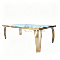 Nouvelle arrivée, table de salle à manger de luxe carrée en acier inoxydable avec plateau en verre, table de salle à manger pour événements