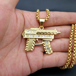 Collier pendentif en or pour hommes bijoux hip hop acier inoxydable diamant cristal strass pierre machine <span class=keywords><strong>fusil</strong></span> pistolet <span class=keywords><strong>à</strong></span> bascule - Product Image 2