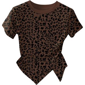 FOXA T-shirt imprimé léopard pour femme, col rond, manches courtes, haut asymétrique, streetwear - Product Image 1