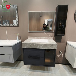 Blue-gray bathroom cabinet with a side transparent display vertical cabinet stone countertop and white washbasin - Product Image 4