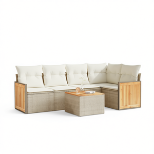 Conjunto de Sofás de Jardín en Ratán Sintético Beige y Madera de Acacia, Muebles de Exterior de Diseño Contemporáneo, Cojines de Espuma de Alta Densidad y Duraderos - Product Image 1