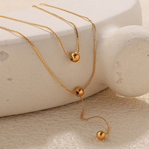 Double Layer Ball <b>Bead</b> <b>Necklace</b> Gold Stainless Steel Women's Minimalist Daily Wear Fashion Chain <b>Necklace</b> - Product Image 2