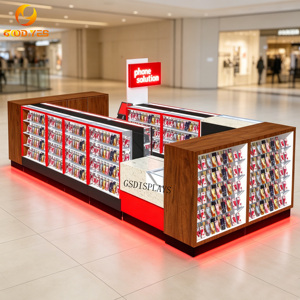 Lussuoso Bancone Espositivo in Legno di Noce <span class=keywords><strong>Rosso</strong></span> per Telefoni Cellulari con Illuminazione LED e Chiosco per Accessori Telefonici - Product Image 1