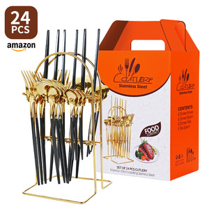 Juego de cubiertos de acero inoxidable de 24 piezas, chapados en oro, con mango rojo y soporte para mesa de comedor. - Product Image 2