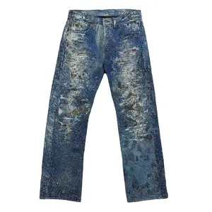 2024 New Custom boro Repaired Heavy Distressed over dye destroy wash Patched Flare Stacked Designer Men Jeans