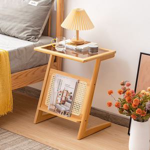 Simple Rattan Nightstand Frosted <b>Glass</b> Top Multifunction Bedroom <b>Side</b> <b>Table</b> For Bedside Use - Product Image 2