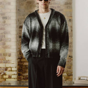 Manufacturer Custom Logo Embroidery Wool Blend Brushed Gradient Vintage Fuzzy Striped Knitted <b>Cardigan</b> <b>Sweater</b> - Product Image 3