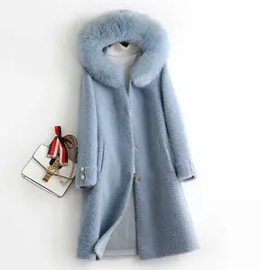 Luxurious Noble Real Fox Fur Collar Clothes Sheep Shearing Fleece Women Winter 100% Virgin Wool Real Fur Coats