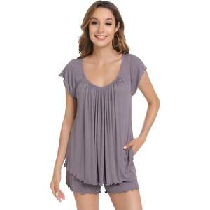 Conjunto de Pijama de Viscosa de Bambú para Mujer al por Mayor, Manga Corta, Cuello en V, Ropa de Dormir, Ropa de Estar por Casa, Tejido Suave, Conjunto de 2 Piezas - Product Image 1