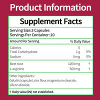 Complément de beauté OEM à base de racine de betterave pure et de L-arginine pour adultes, 3 capsules par portion, 60 capsules au total, sans OGM, soutien immunitaire