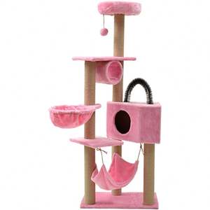 Arbre à chat moderne en rotin et bois, avec griffoirs, niches et perchoir supérieur - Product Image 3