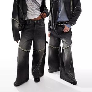 Pantalon en jean noir dégradé unisexe surdimensionné, style streetwear, déchiré, patchwork, jambes larges, vintage, délavé - Product Image 1