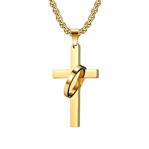 세련된 트렌디 한 스테인레스 스틸 PVD 18K 골드 도금 크로스 링 펜던트 목걸이 여성용 빈티지 유행 보석 남성 선물 - Product Image 1