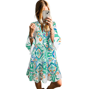 2025 Local Us Stock entrega rápida al por mayor moda Boho poliéster Tribal estampado suelto vacaciones bohemio Boho Mini vestido - Product Image 3