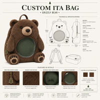 Sac à dos personnalisé en forme d'ours grizzly avec fenêtre ronde en PVC, doublure verte thème parc national, breloque pin et sangles de sac à dos