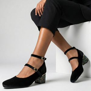 Low Chunky <b>Glitter</b> Heels Women Square Toe Shoes Basic Big Size 45 Dress office Shoes Double Strap Buckles Suede Working Pumps - Product Image 4