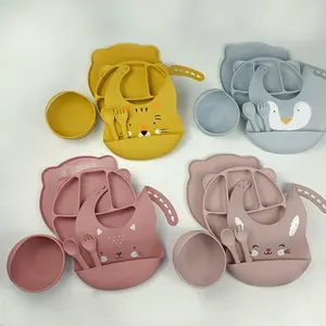 Prato de bebê louça de silicone orgânico macio, não derramamento, sucção de alimentação, conjunto de tigela do bebê com tampa