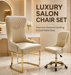 Juego de Sillas de Salón de Lujo, Silla de Belleza Tapizada con Diseño de Diamantes y Silla de Estilismo Giratoria con Base de Metal - Product Image 1