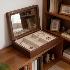 Elegant Vintage Walnut Rectangular Lined With <b>Mirror</b> Boutique Display Luxury Velvet Wood Jewelry Box - Product Image 2