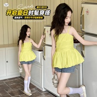 Vêtements d'été pour grandes filles, haut à volants jaune, short en jean, ensemble deux pièces