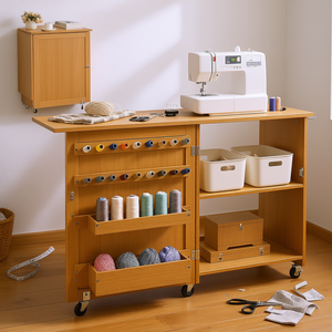 Mesa de Costura Plegable Color Burlywood con Estantes de Almacenamiento y Ruedas Bloqueables, Organizador Portátil de Suministros de Costura - Product Image 2