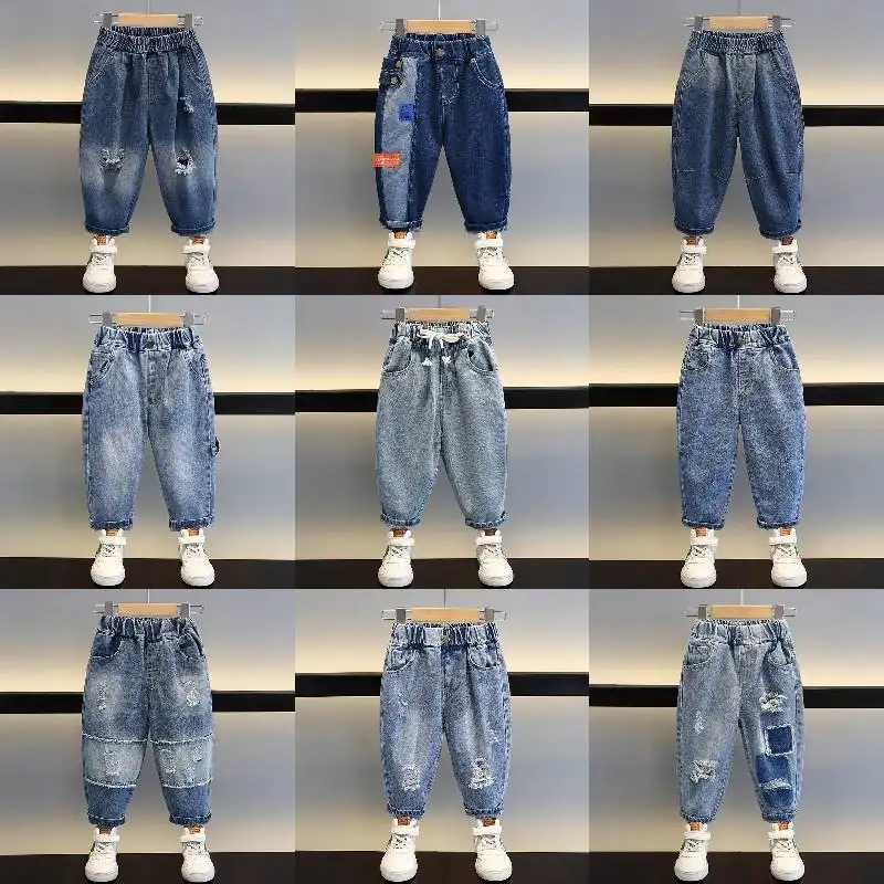 Nouveau design de jeans en denim pour enfants pleine longueur jeans noirs et bleus pantalons à taille élastique pour garçons vêtements pour enfants