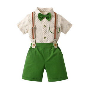 Adorable bébé garçon vert <span class=keywords><strong>blanc</strong></span> tenue ensemble chemise à pois nœud papillon bretelles Shorts élégant décontracté et vêtements de cérémonie - Product Image 1