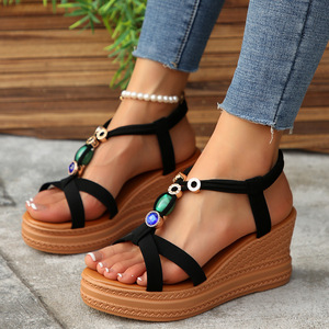 Sandalias de cuña con cuentas y punta abierta para mujer, suela gruesa, elásticas, estilo romano, novedad de verano - Product Image 1